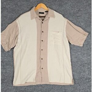 Cotton Traders Men's XL 100% Silk Short Sleeve Button Up Shirt Beige Color Block